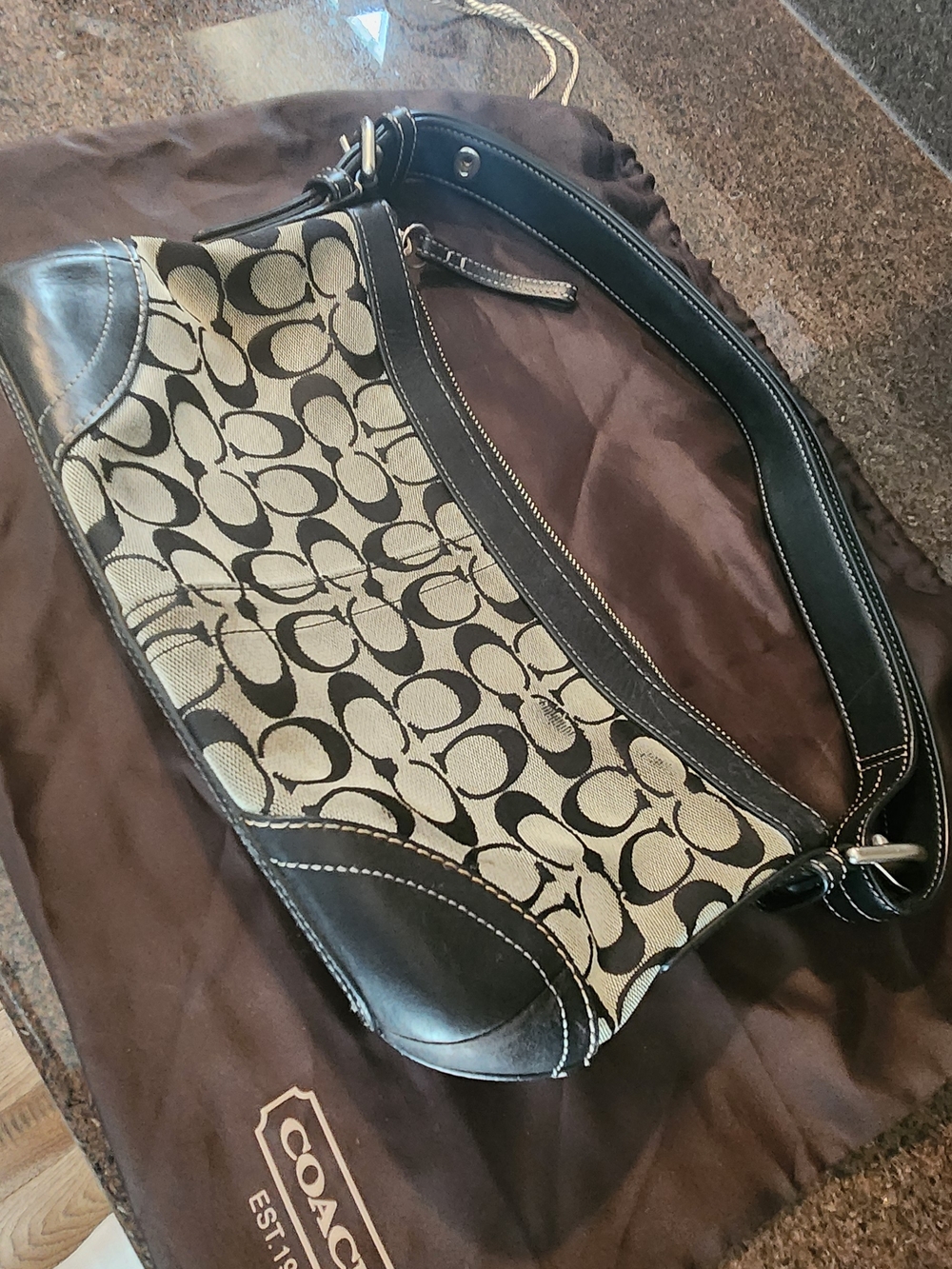 Coach Hobo Shoulder Bag in Black and Cream Signature Canvas